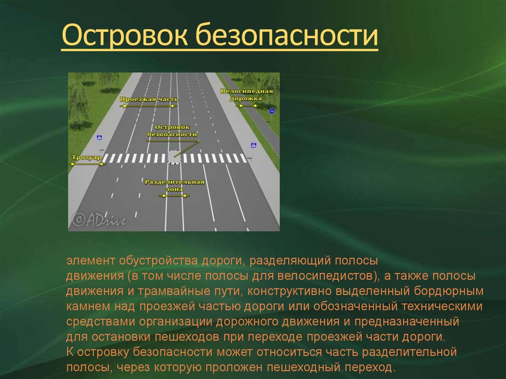 Разметка проезжей части. Островок безопасности ПДД. Дорожная разметка островок безопасности. Островок безопасности с разделительной полосой. Разметка дороги островки безопасности.