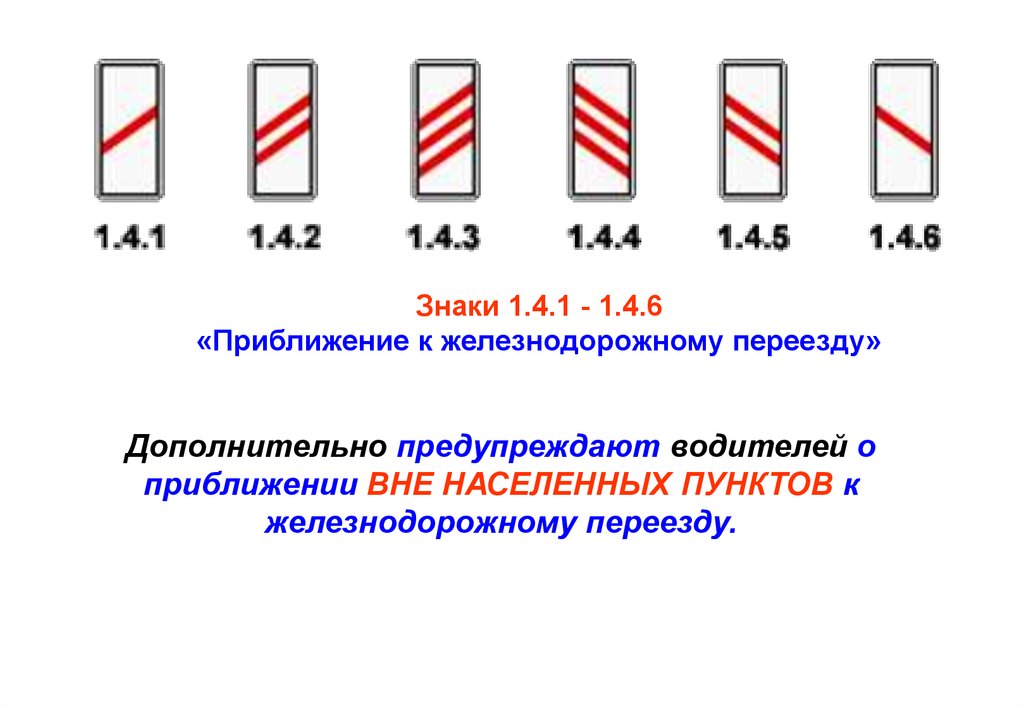 Данные знаки предупреждают о приближении. Знаки 1.4.1 - 1.4.6. 