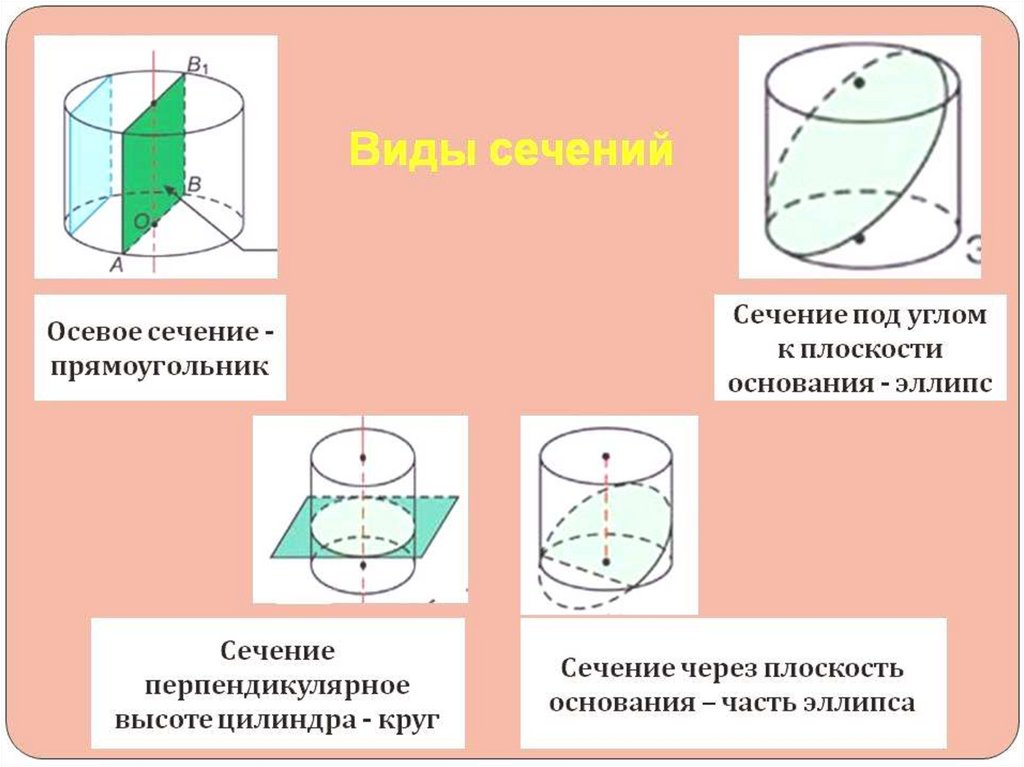 Основание сечения. Сечение цилиндра перпендикулярное основанию. Виды сечений цилиндра. Сечение цилиндра прямоугольник. Сечение цилиндра плоскостью эллипс.