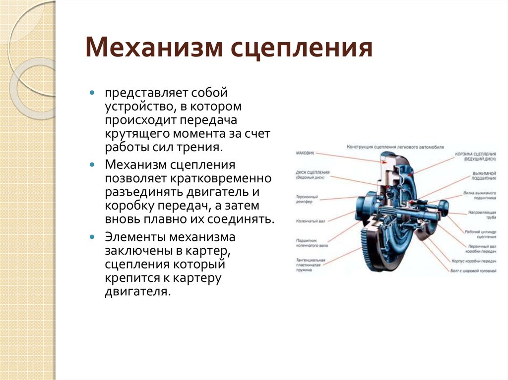 Трение сцепления. Передача крутящего момента от двигателя к коробке передач. Механизм сцепления. Устройство механизма сцепления. Какое устройство представляет собой сцепление.