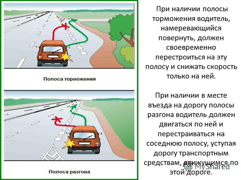 Начало движения со. Полоса разгона и торможения ПДД. Разметка полосы разгона и торможения. Перестроение с полосы разгона. Движение по дорогам с полосой разгона и торможения.