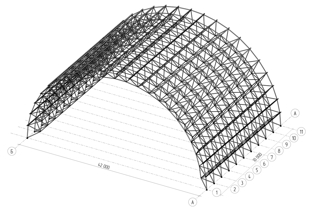 Стальные оболочки. Перекрестно стержневые покрытия ферма. Большепролетные пространственные конструкции. Металлическая рама пролет 30 м. Решетчатые пространственные конструкции типа МАРХИ.