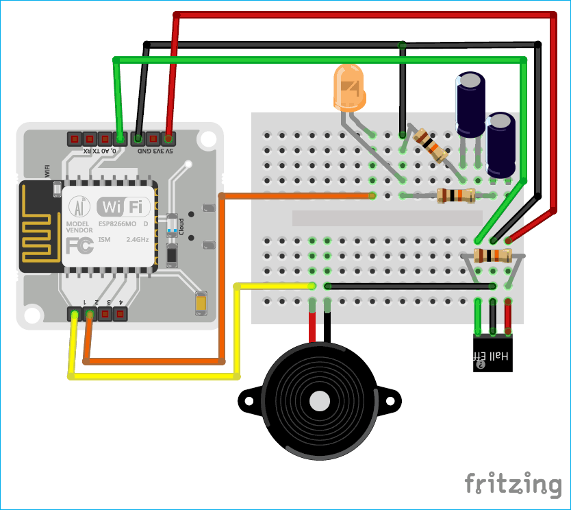 Circuit Diagram for IoT based Door Security Alarm controlled by Google assistant
