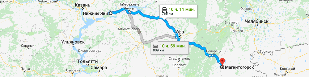 Карта перевозки негабаритного груза: г. Нижние Яки – г. Магнитогорск. Перевозка бетонных опор.