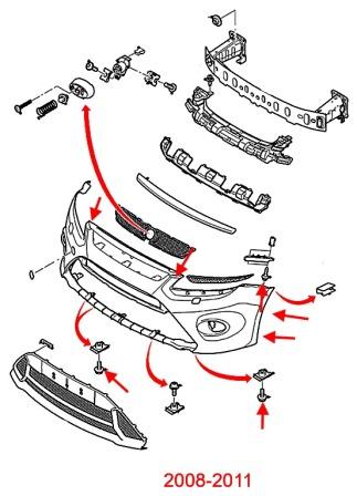 the scheme of fastening of the front bumper the Ford Focus 2 (2008-2011)