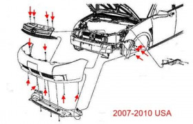 схема крепления переднего бампера Ford Focus 2 (2007-2010)