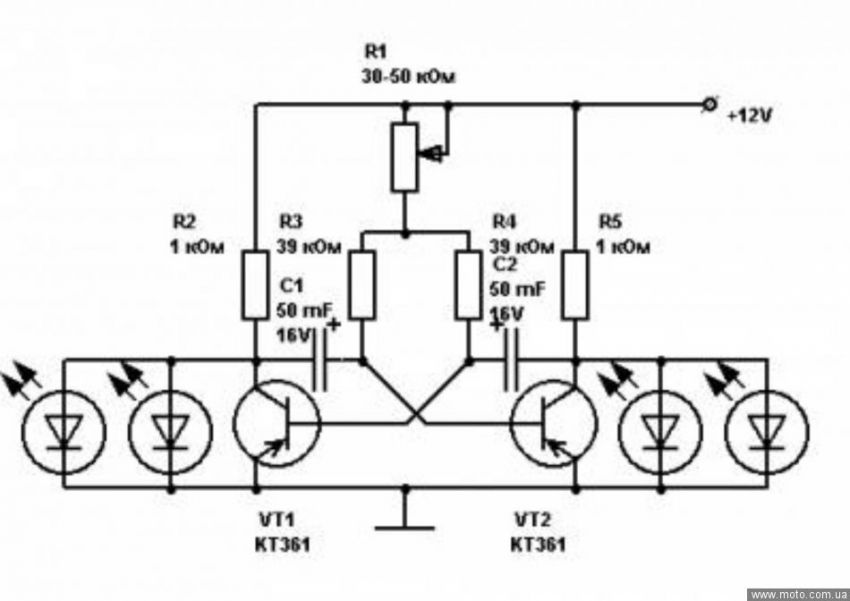 Схемы светодиодах транзисторах. Мигалка на мультивибраторе схема. Светодиодная мигалка схема на 12 вольт. Схема мультивибратора на 12 вольт. Схемы мультивибраторов на транзисторах 12 вольт.